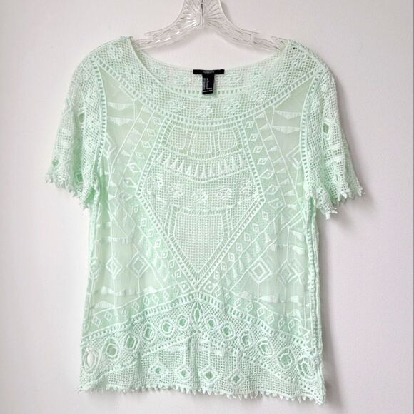FOREVER 21 Mint Green Crocheted Short Sleeve Shirt See-through Size Small - Picture 1 of 5